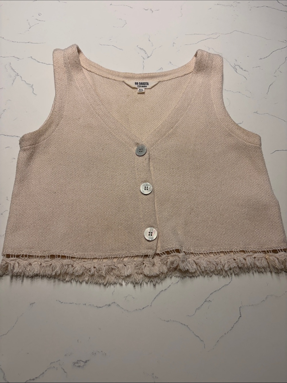 BB Dakota Cream Knit Button-Front Fringe Tank